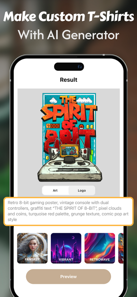 Interface of the T Shirt Designer Tool App showing an AI generator creating a custom retro gaming design for a t-shirt.