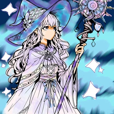 a realistic fantasy manga witch with a staff