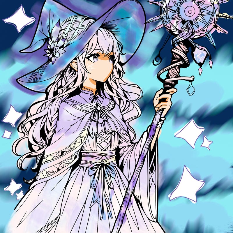 a realistic fantasy manga witch with a staff