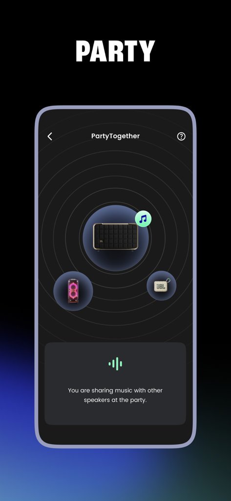 JBL One app interface showing the PartyTogether feature for syncing multiple speakers.
