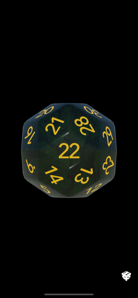Dice Dice - Ein 3D-grün marmorierter dreißigseitiger Würfel mit gelben Zahlen aus der Würfel Würfel-App