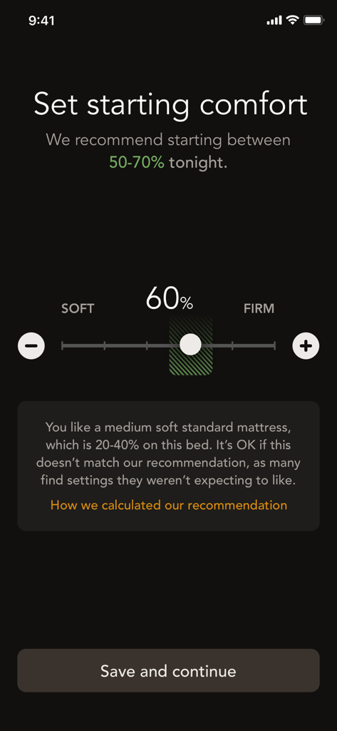 Bryte Balance - Bryte Balance app interface showing a slider to adjust mattress firmness between soft and firm settings
