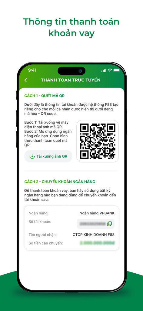 My F88 - Online-Zahlungsbildschirm in der My F88 App mit QR-Code und Banküberweisungsdetails für die Kreditrückzahlung