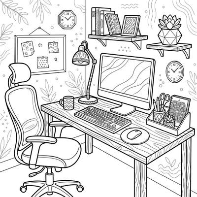 Unwind and personalize your ideal workspace with this engaging home office essentials coloring page. Discover detailed desks, ergonomic chairs, and all the stationery you need for a creative break.