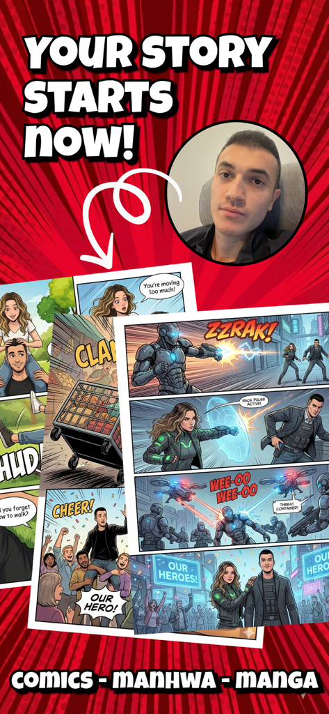 Comic Maker: Manga & Manhwa - AI comic maker showing a personal photo being transformed into professional manga and manhwa panels.