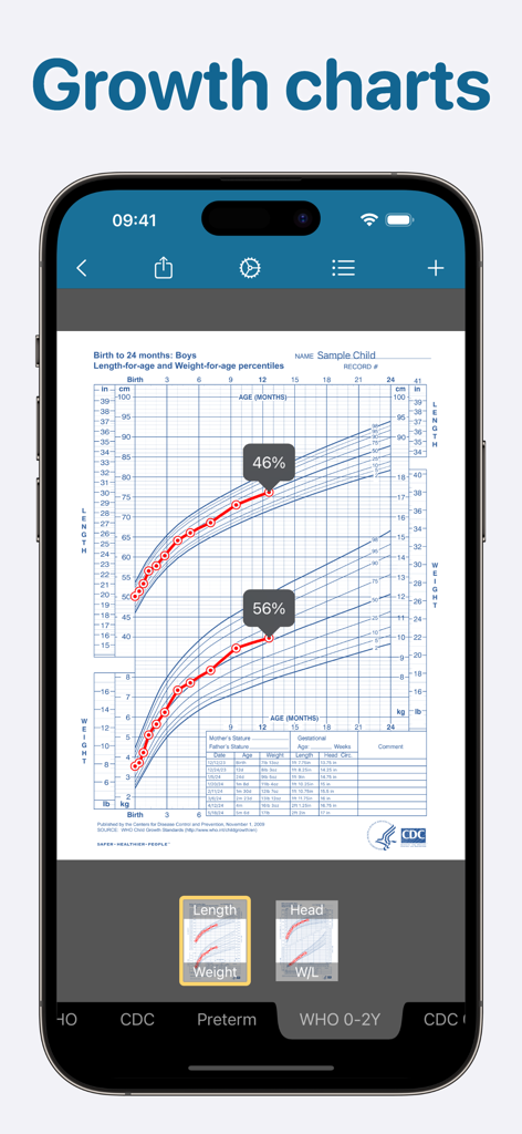 Growth: baby & child charts - iPhone screenshot showing a digital baby growth chart with length and weight percentile curves based on WHO standards