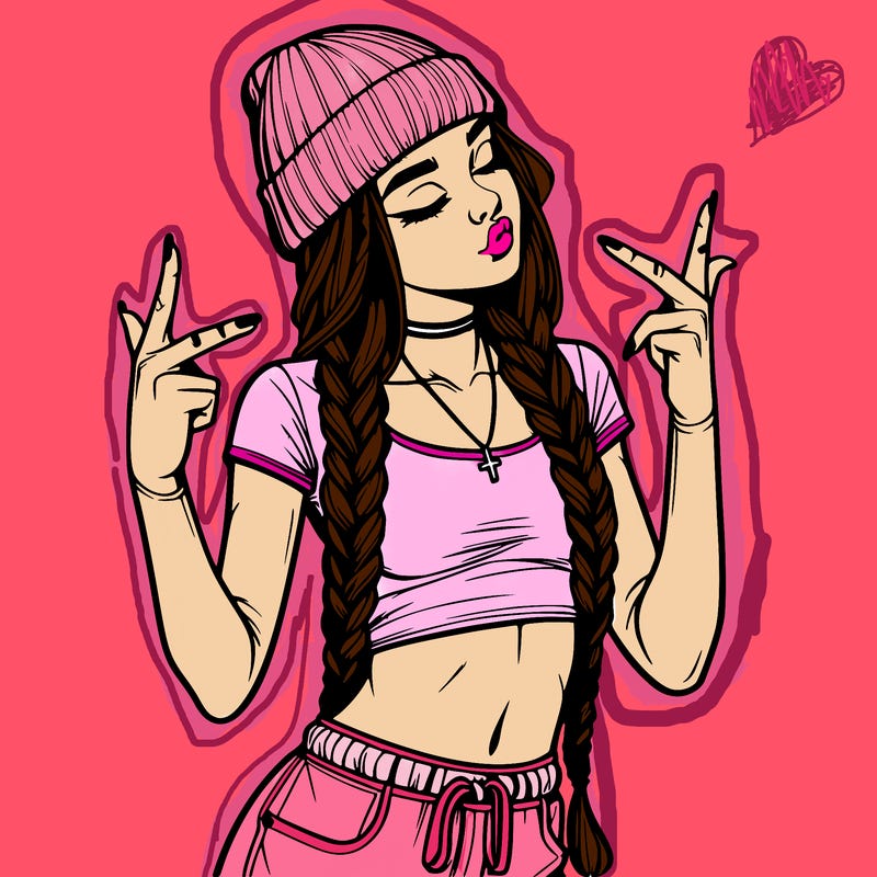 realistic teenage girl with braids and a beanie and crop top doing 🫶🏼