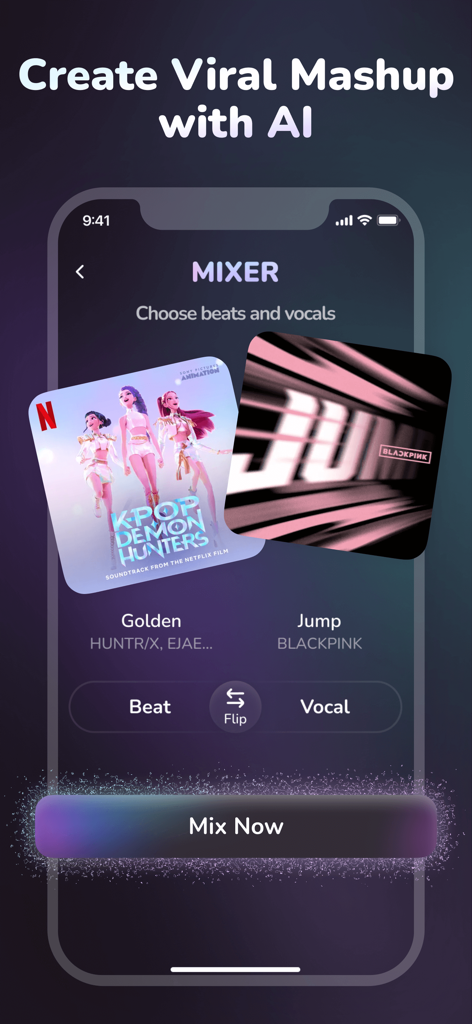 Mixer - Song Mashup Maker - Interfaz de la aplicación móvil Mixer para crear mashups de canciones virales con IA eligiendo ritmos y voces.