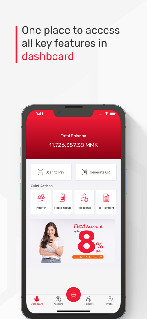 Yoma Bank Next app interface showing account balance and quick actions for transfers and bill payments