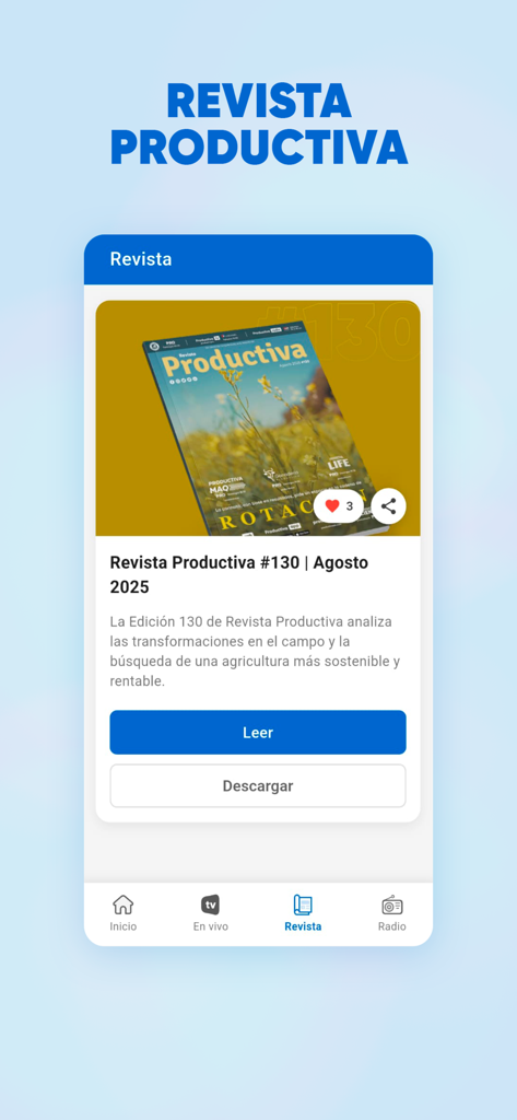 Productiva CM - Tela da revista do aplicativo Productiva CM com publicações do agronegócio e opções de download.
