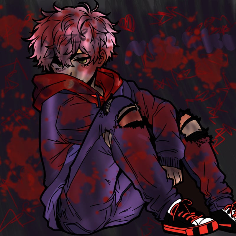 a male hoddie ripped jeans messy hair anime