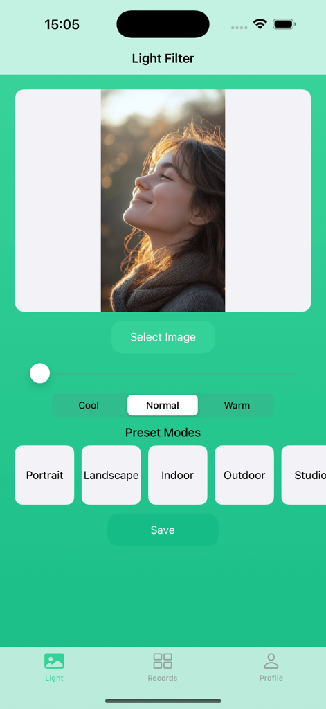 Deggo - Deggo mobile app interface showing professional light filter controls and preset modes for a portrait photo