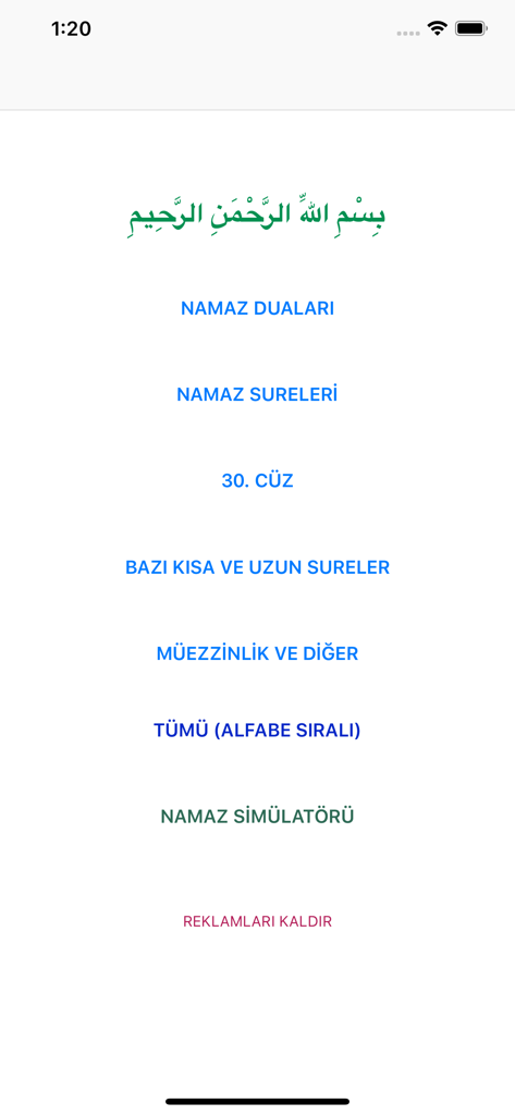 Main menu screen of the Sure ve Dua Ezberletici app showing categories for prayers and suras in Turkish.