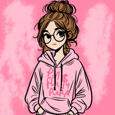 teen girl with a messy bun and glasses wearing a loose hoodie and jeans