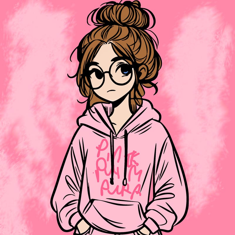 teen girl with a messy bun and glasses wearing a loose hoodie and jeans