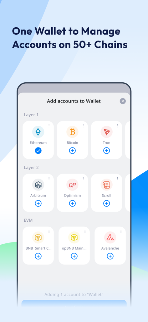 imToken: BTC & ETH Wallet - Pantalla de la aplicación móvil imToken mostrando opciones para agregar cuentas de más de 50 blockchains incluyendo Bitcoin Ethereum y redes Layer 2