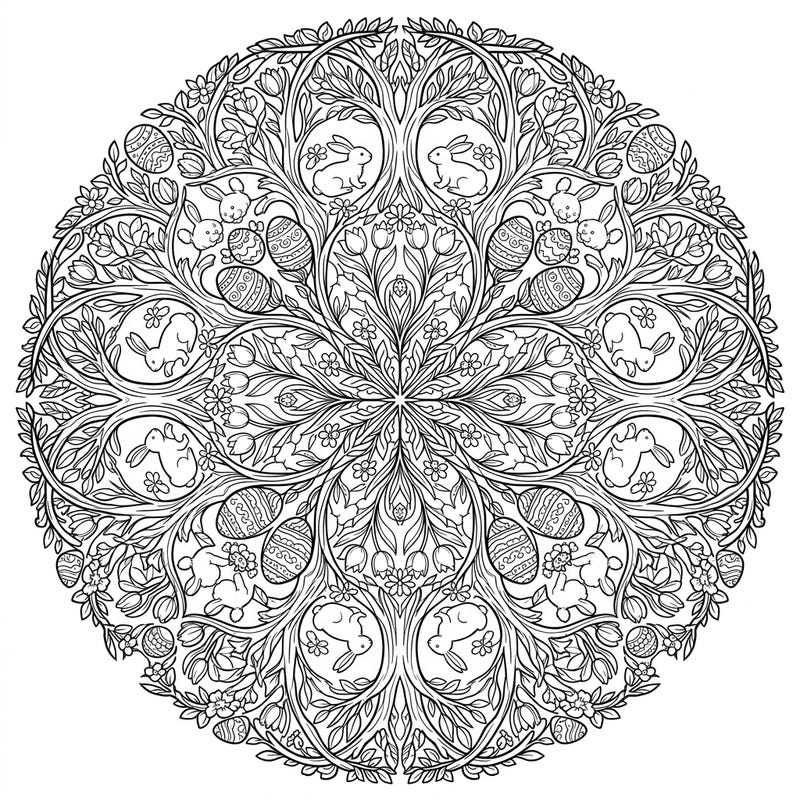 Celebrate Easter with this mesmerizing kaleidoscope tree design, intricately woven with playful bunnies, decorated eggs, and fresh spring blossoms. Immerse yourself in the symmetrical beauty of nature and holiday cheer as you bring this unique coloring page to life.