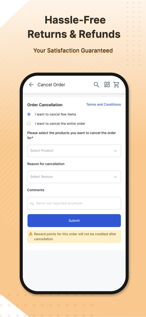 Medikabazaar-Medical Supplies - Medikabazaar app screen showing the order cancellation process for medical supplies with hassle-free returns and refunds options