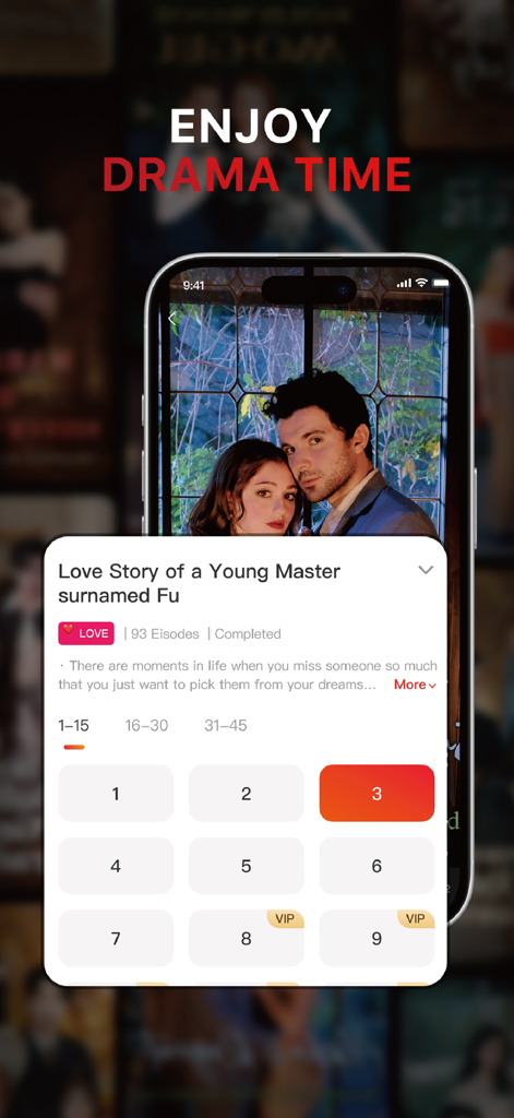 RedShort - RedShort app interface displaying a list of episodes for a romance drama series