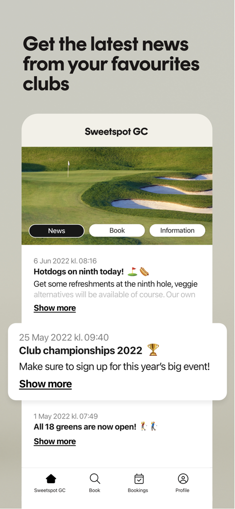 Sweetspot. - Mobile interface of Sweetspot app displaying news and events from a golf club