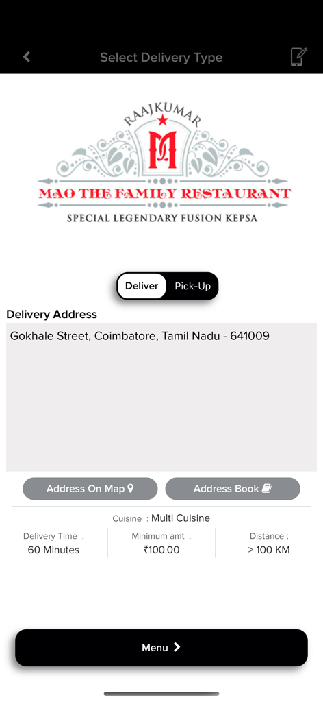 Mao Restaurant - Mao Restaurant mobile app interface for selecting delivery or pick up and entering the delivery address.