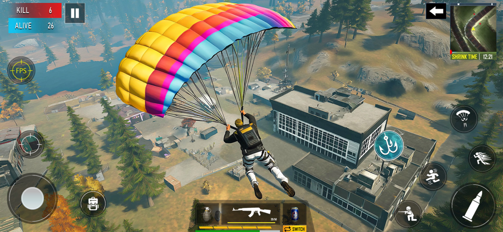 A player using a colorful parachute to land on a 3D battlefield in Max Fire Battlegrounds Offline