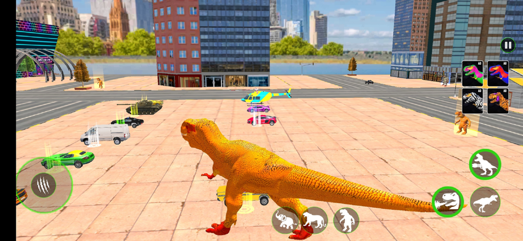 Animal City Rampage Games - Un dinosaurio T-Rex naranja se encuentra en una plaza de la ciudad rodeado de coches y un helicóptero en Animal City Rampage