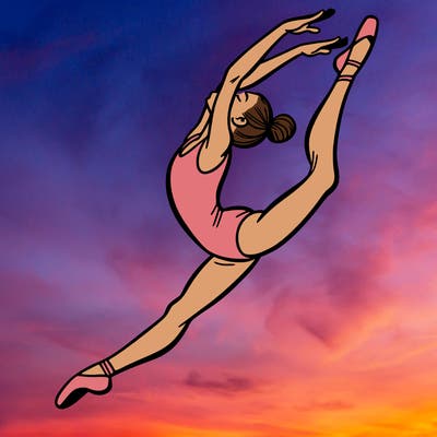 gymnast doing a leap in a leotard with a bent back leg