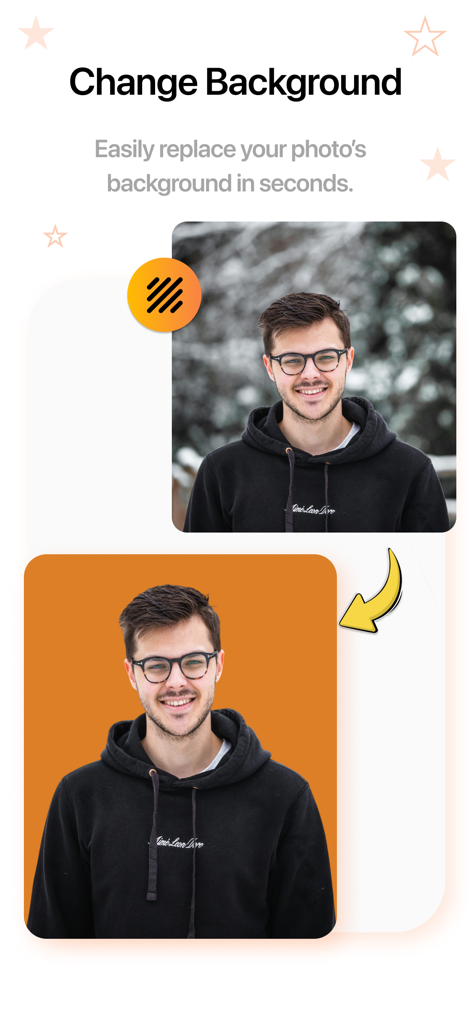 Remove BG - Background Eraser. - 배경을 단색 주황색으로 변경한 후의 인물 사진 전후 비교