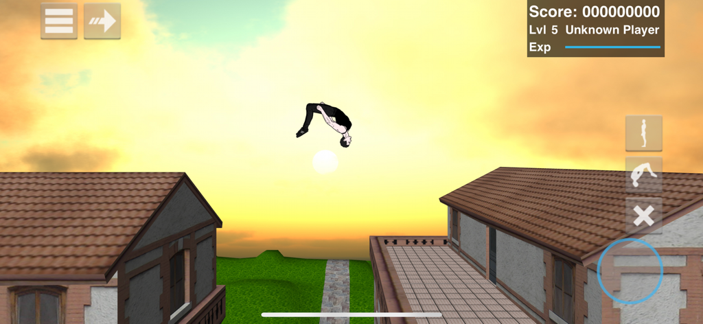 Backflip Madness - A character performing a backflip between two buildings at sunset