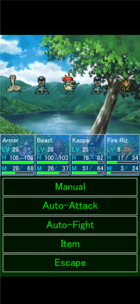 Monster Mate - Monster Mate retro pixel art battle screen with monster stats and combat menu