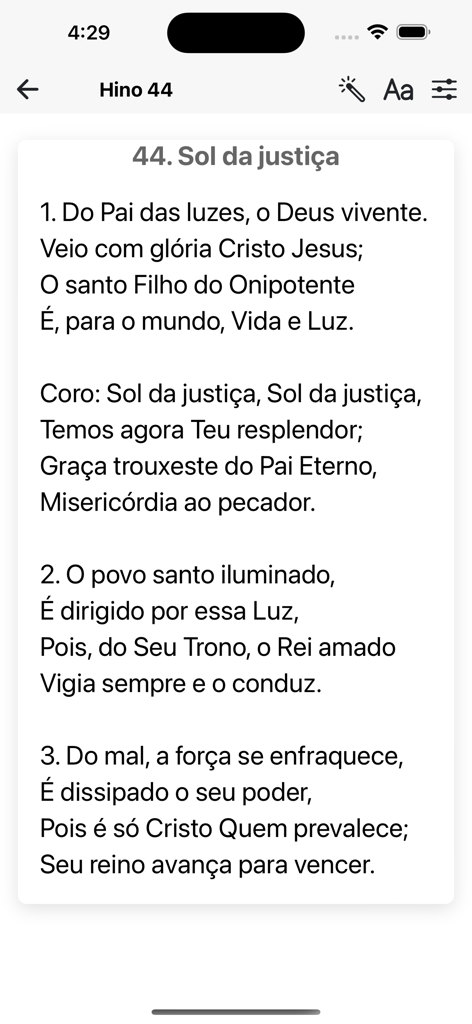 Hinário 5 CCB - Screen showing the Portuguese lyrics for hymn 44 in the Hinario 5 CCB app