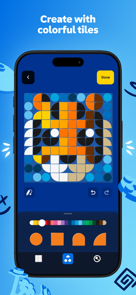 A digital mosaic of a tiger created with colorful LEGO tiles in the LEGO Play app.