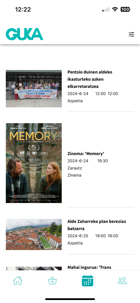 Interfaz de la aplicación Guka mostrando eventos y noticias locales en euskera para pueblos como Azpeitia y Zarautz