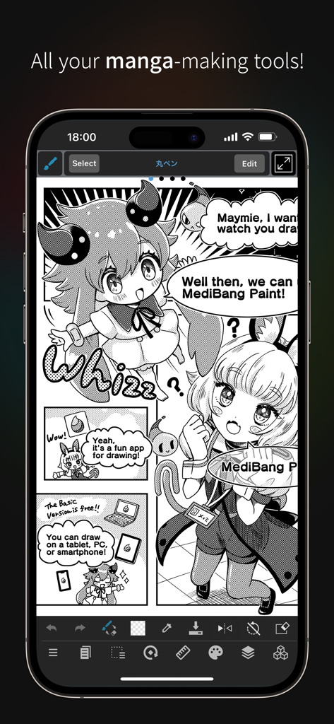 MediBang Paint for iPhone - Manga creation interface on MediBang Paint for iPhone with comic panels and drawing tools.