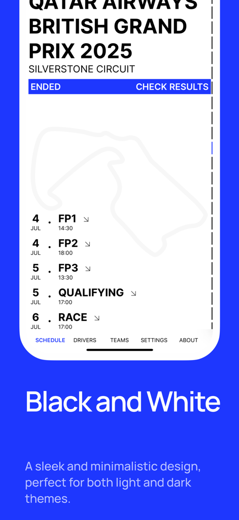 PlanB – F1 Companion 2026 - Screenshot of PlanB F1 Companion app displaying the 2025 British Grand Prix schedule and Silverstone circuit layout in a sleek minimalist design.