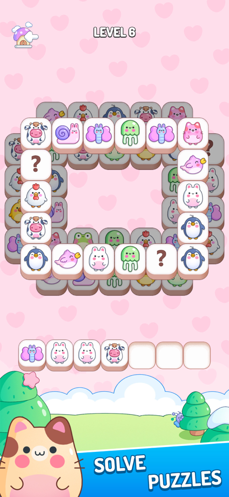 Kawaii Cute Puzzle Games - A screenshot of a kawaii tile matching puzzle game featuring cute animal icons and a pink heart background