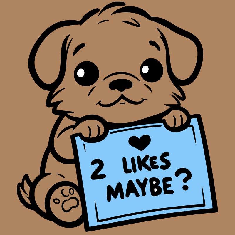 a puppy holding a sign that says 2 likes maybe?