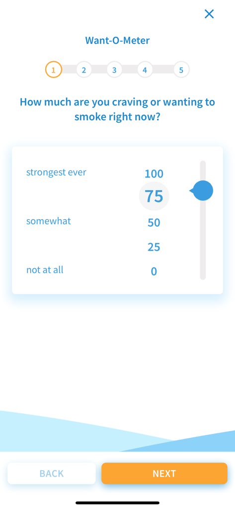 Want-O-Meter craving assessment tool with a numerical scale from 0 to 100 in the Craving To Quit app