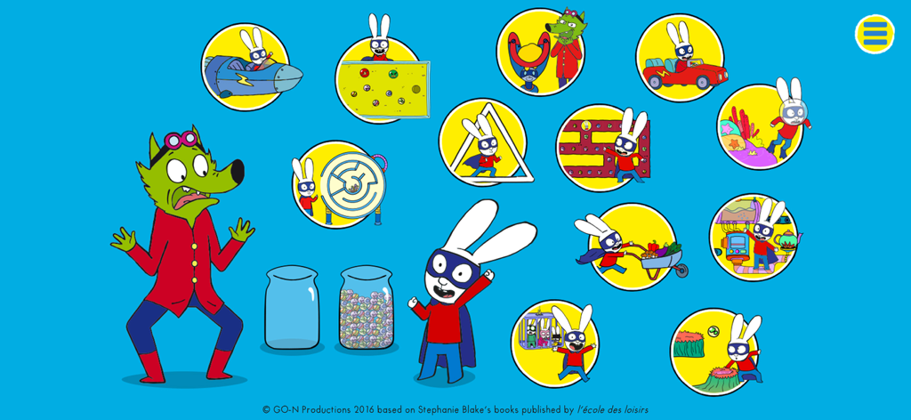 Simon Super Rabbit Vs Pr. Wolf - サイモン・スーパーラビットとウルフィー先生が12個の円形ミニゲームアイコンと共に表示されるメインメニュー画面