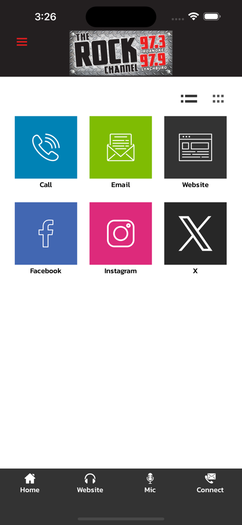 The Rock Channel - Connect screen of The Rock Channel app showing social media and contact icons for Roanoke and Lynchburg