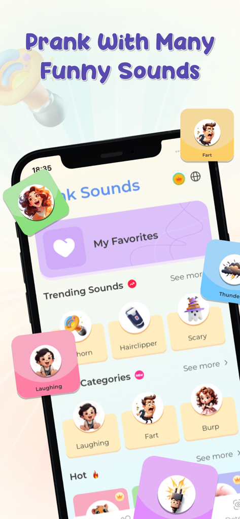 Prank Sounds, Funny AirHorn - Interface do aplicativo Sons de Pegadinha mostrando várias categorias de sons engraçados como buzina e corte de cabelo