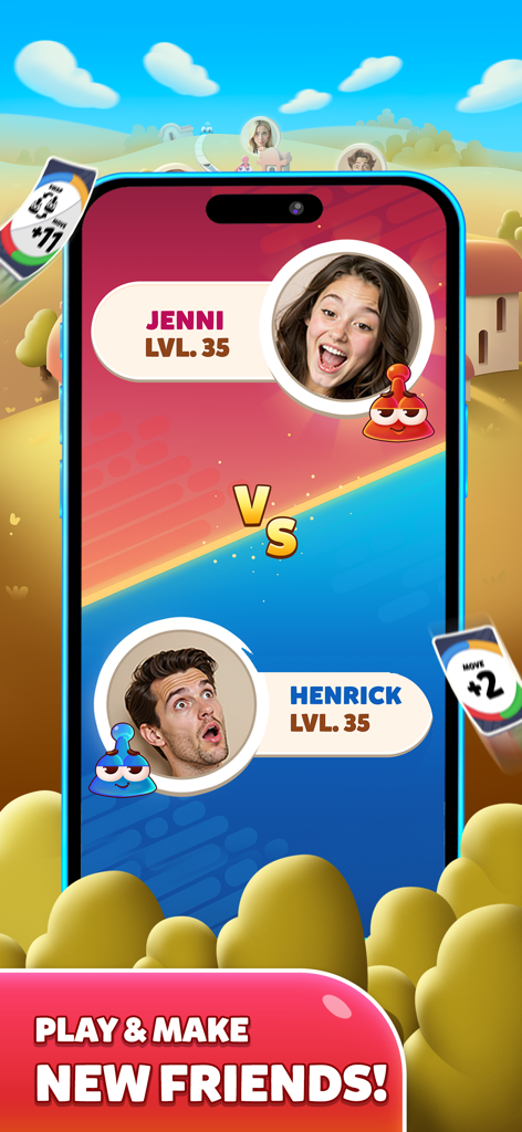 「ソーリー！ワールド」のマッチアップ画面、オンラインで競い合うジェンニとヘンリックの2人のプレイヤーを表示