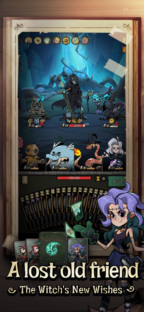 Night of the Full Moon - Batalla estratégica de cartas en Night of the Full Moon con personajes de cuento de hadas oscuros y un mazo de cartas abanicado.