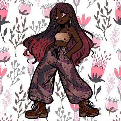 girl in baggy pants crop top and long hair