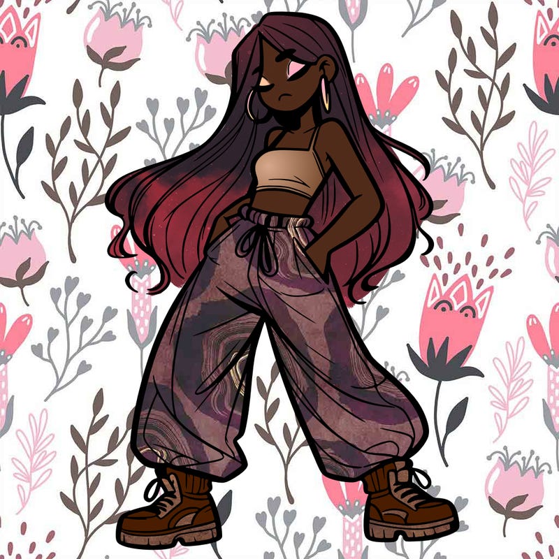 girl in baggy pants crop top and long hair