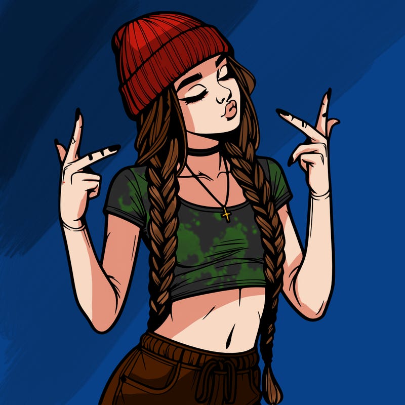 realistic teenage girl with braids and a beanie and crop top doing 🫶🏼