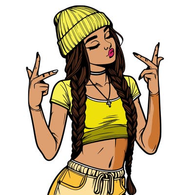 realistic teenage girl with braids and a beanie and crop top doing 🫶🏼