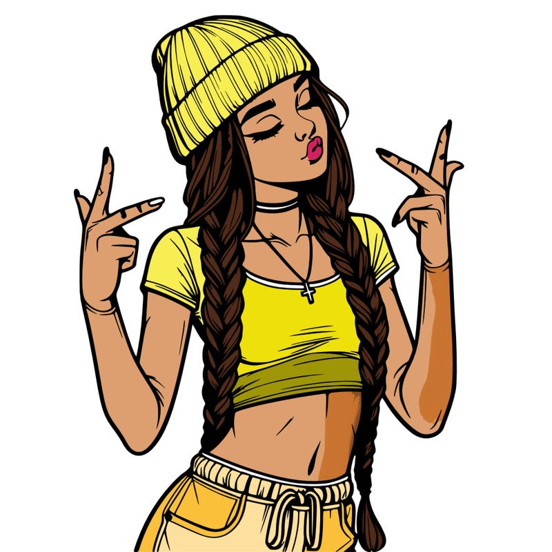 realistic teenage girl with braids and a beanie and crop top doing 🫶🏼