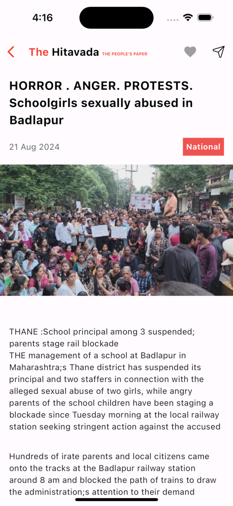 The Hitavada news app article reporting on protests in Badlapur